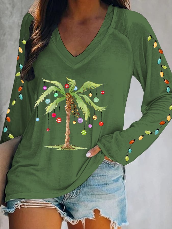 Christmas Palm Tree Print V-Neck T-Shirt