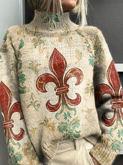 Vintage Christmas Art Print Knit Turtleneck Pullover Sweater