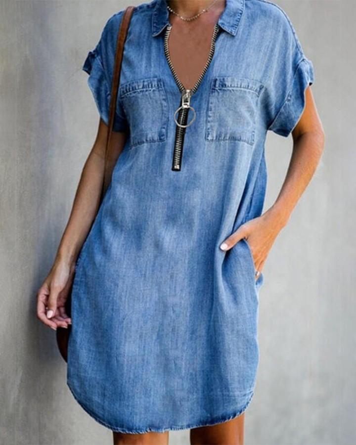 Solid Short Sleeve Loose Denim Mini Dress