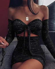 Glitter Off Shoulder Ruched Bodycon Dress