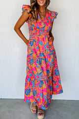Floral Flutter Sleeve Smocked Maxi Dress