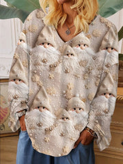 Women's Beige Winter Snow Christmas Gnomes Print Casual Long-Sleeve T-Shirt