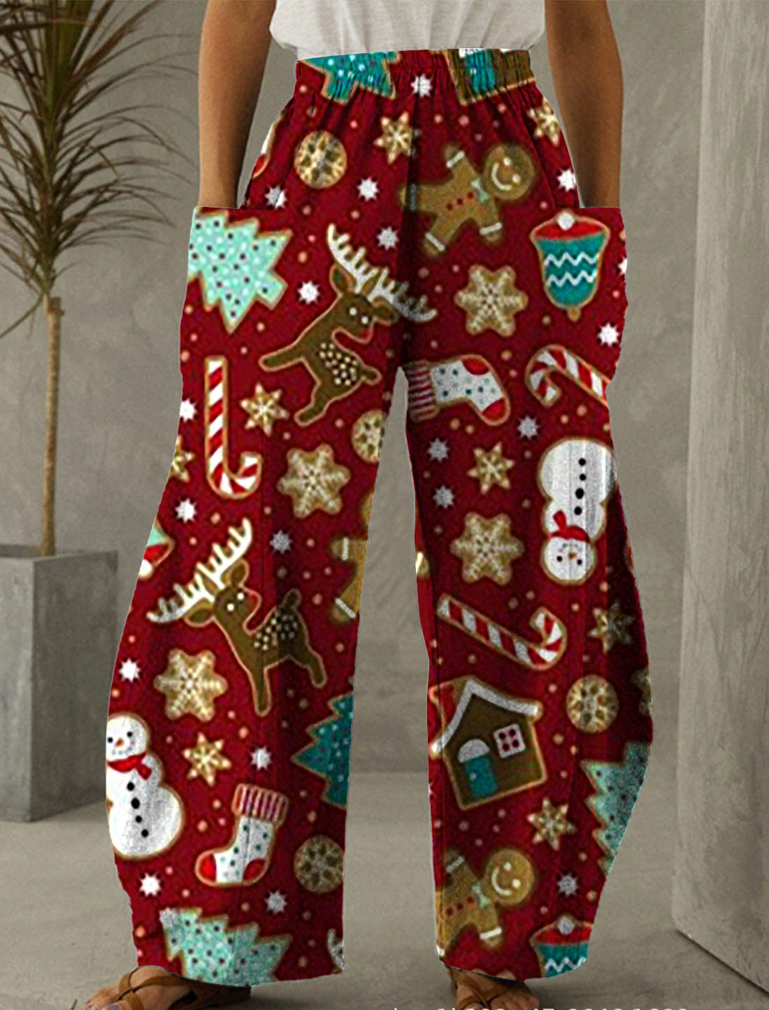 Christmas Red Print Casual Pants