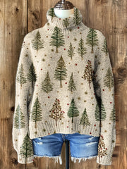 Vintage Christmas Art Print Knit Turtleneck Pullover Sweater