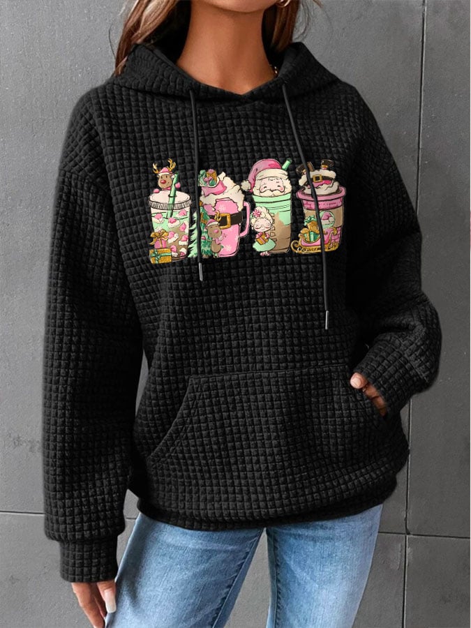 Pink Coffee Cup Print Waffle Hoodie