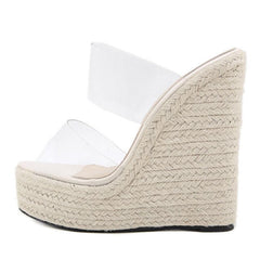 Clear Strap Raffia Wedges