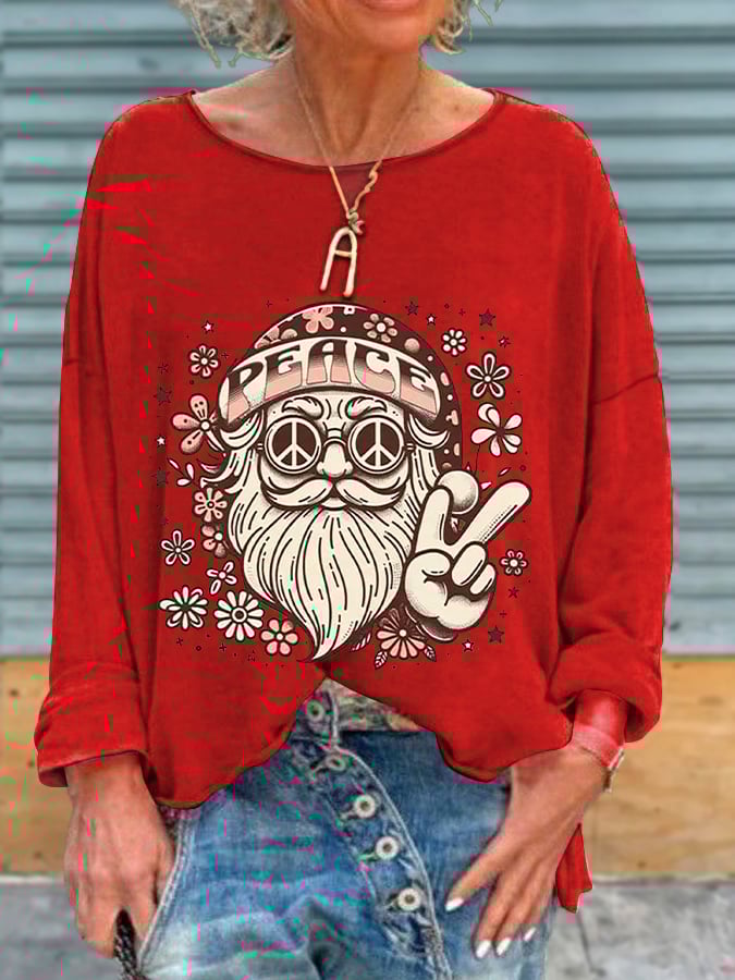 Christmas Santa Claus Hippie Peace Sign Love and Peace Print T-Shirt