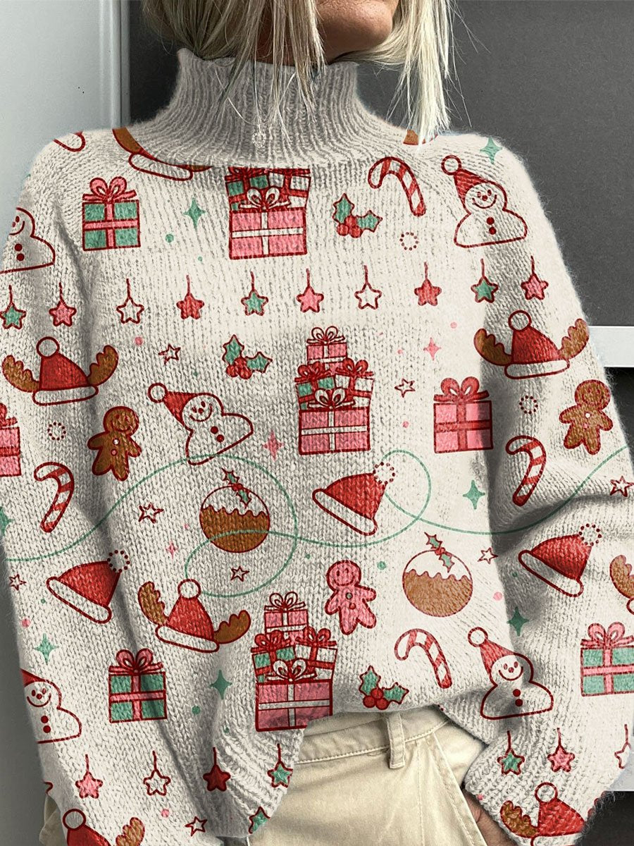 Red Snowman Gingerbread Man Christmas Gift Christmas Print Knit Turtleneck Pullover Sweater
