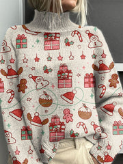 Red Snowman Gingerbread Man Christmas Gift Christmas Print Knit Turtleneck Pullover Sweater