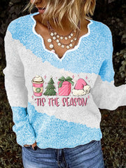 Women's Pink "TIS THE SEASON" Print Lace V-Neck Knit Print Top
