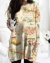 Vintage Christmas Print Loose Midi Top