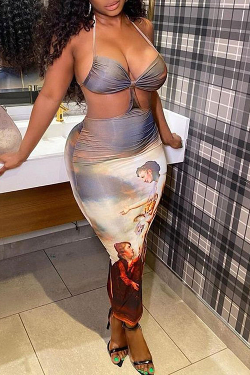 Classical Painting Print Cut Out Ruched Long Dress