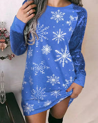 Christmas Sparkling Colorblock Snowflake Long Sleeve Christmas Dress