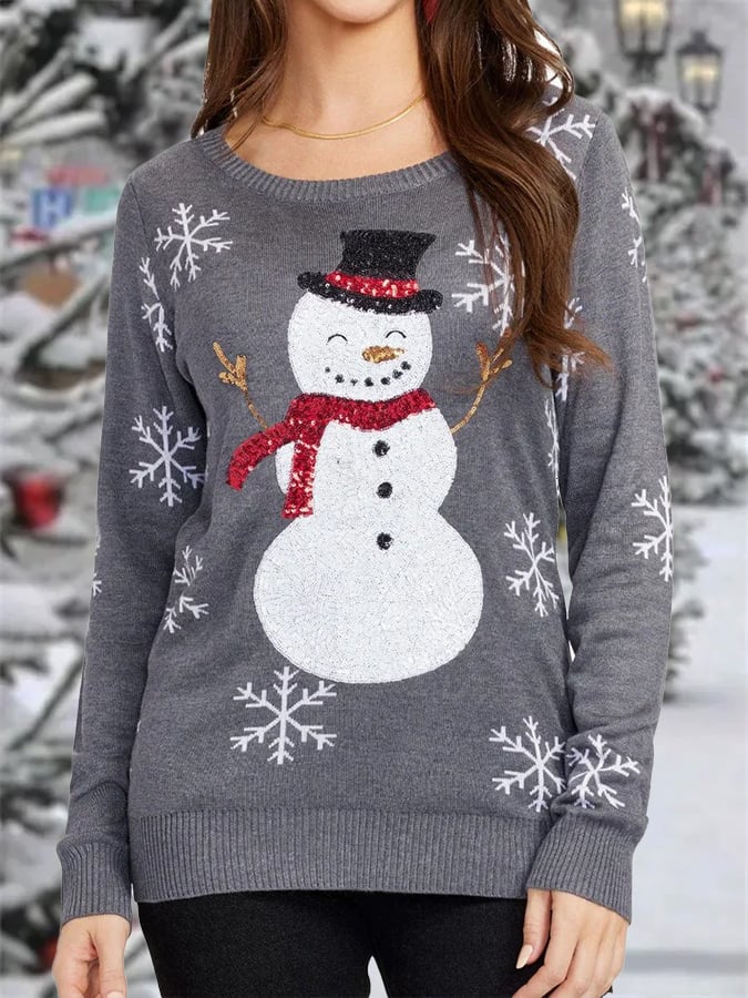 Vintage Christmas Print Crewneck Knit Sweater