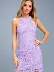 Stretch Lace Elegant Jewel Neck Sleeveless Party Dress