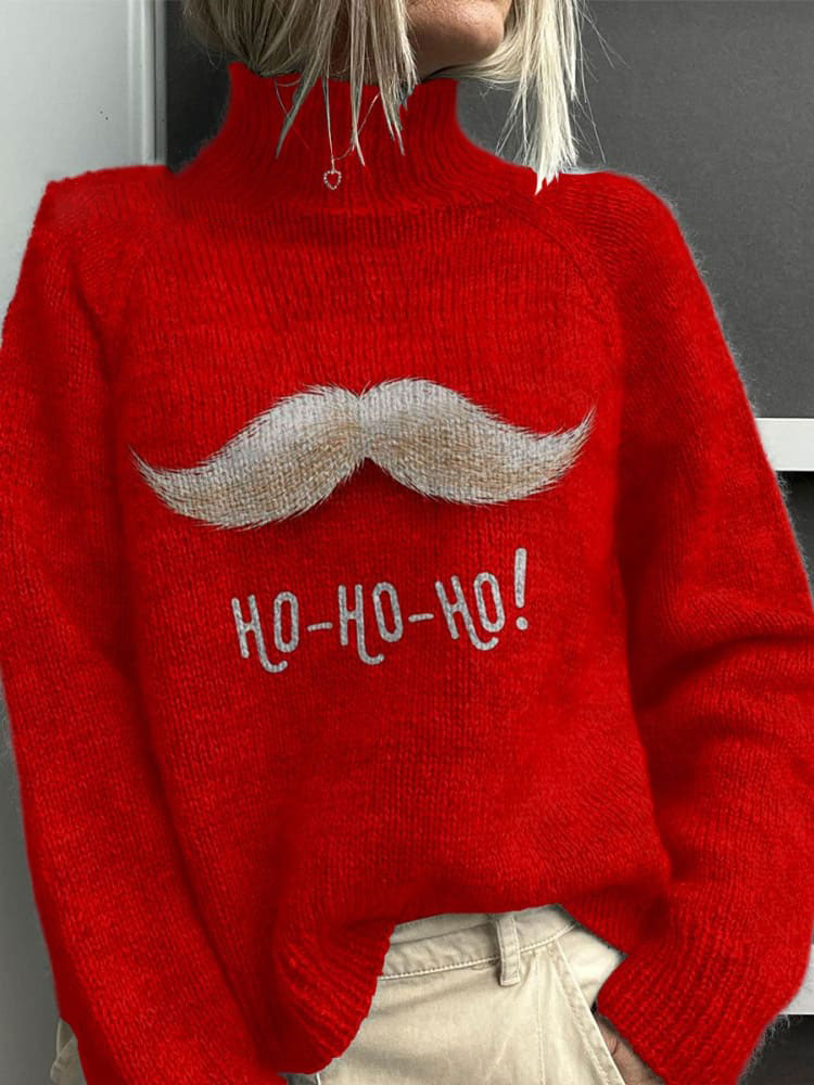 HOHOHO  Christmas  Art Print Knit Turtleneck Pullover Sweater
