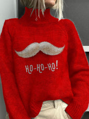 HOHOHO  Christmas  Art Print Knit Turtleneck Pullover Sweater