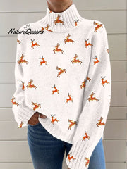Christmas Elk Print Knit Turtleneck Pullover Sweater