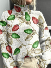 Christmas Lights Vintage Print Knit Turtleneck Pullover Sweater