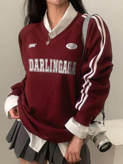 Vintage Letter Print V Neck Piping Long Sleeve Tee