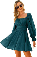 Lantern Sleeve Ruched Casual Dress