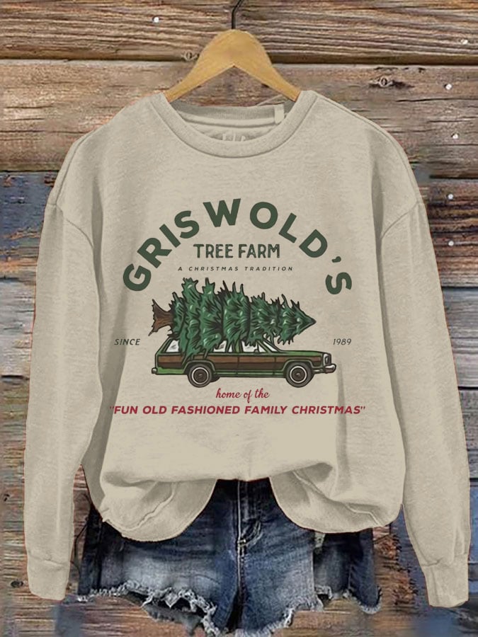 Vintage Griswold Christmas Printed Round Neck Long Sleeve Sweatshirt