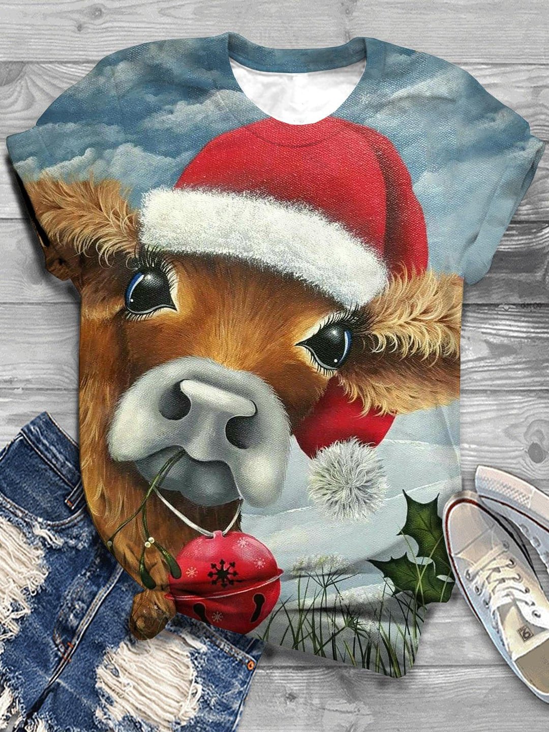 Christmas Cow Print T-Shirt
