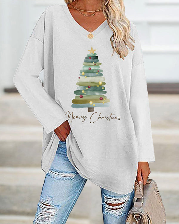 Merry And Bright Christmas Tree🎄 Print Casual Long-Sleeve T-Shirt