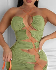 Halter Lace-up Ruched Tied Detail Party Dress