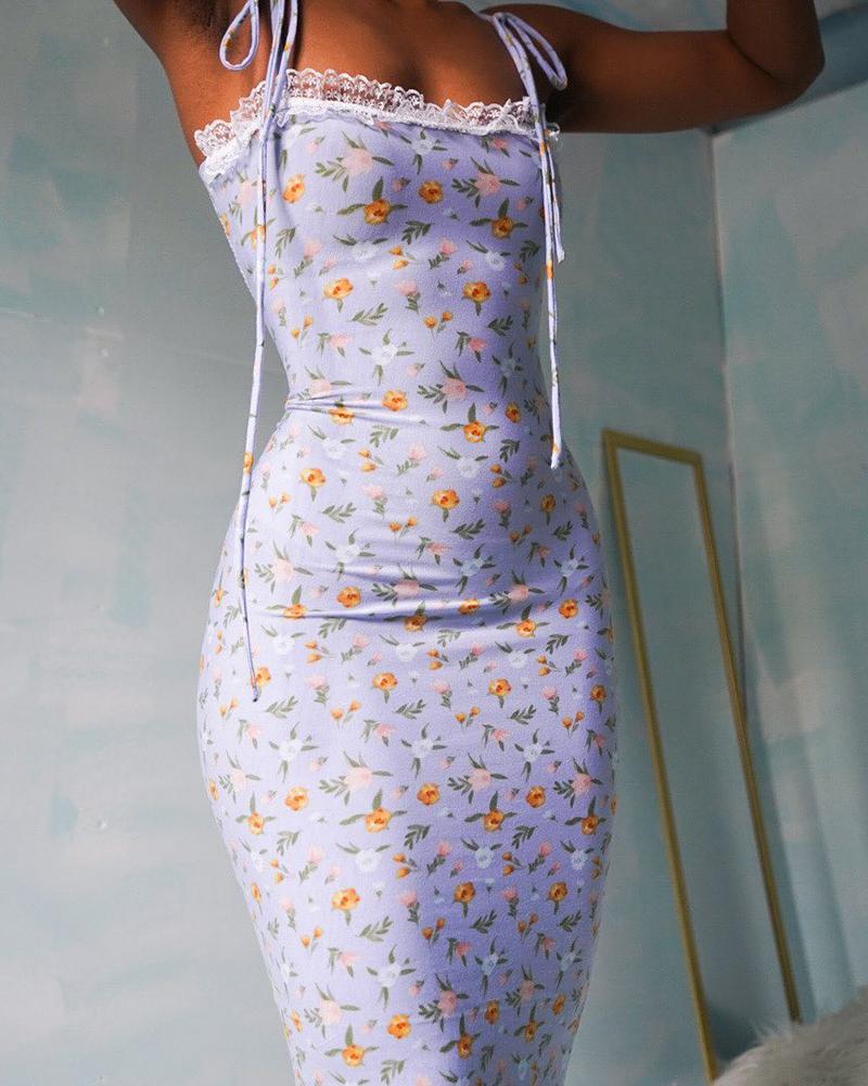 Floral Print Tied Detail Lace Trim Dress