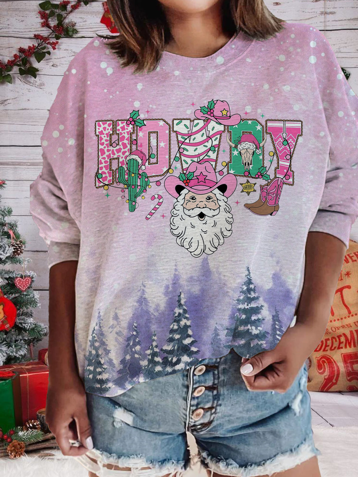 Howdy Chrsitmas Printed Long Sleeve Casual Top