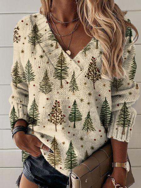 Vintage Christmas Art Print Knit V-neck Pullover Sweater