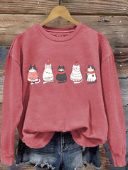 Casual Cat Christmas Print Long Sleeve Sweatshirt