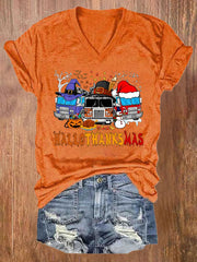 Casual Happy Hallothankmas Print Short Sleeve T-Shirt