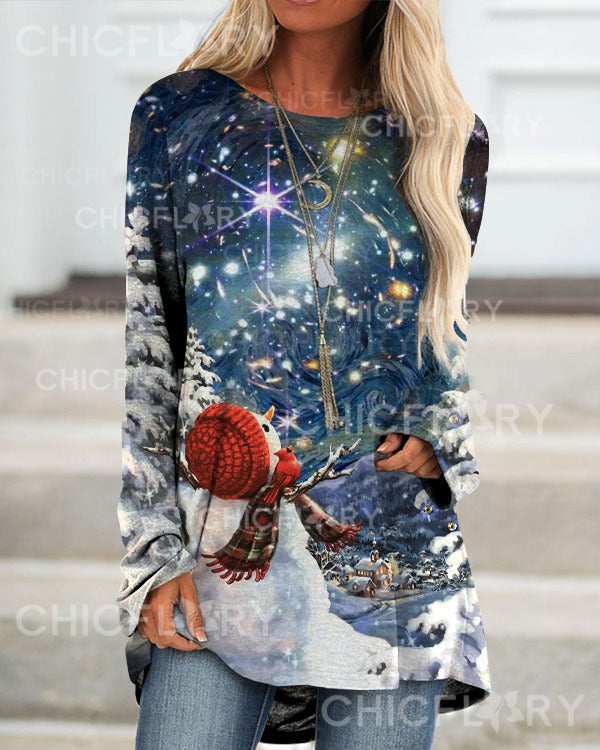 Christmas Snowman and Starry Sky Meet Print  Loose Long Sleeve Top