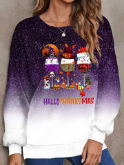 Happy Hallothanksmas Plaid Leopard Print Red Wine Glass Print Casual Sweatshirt