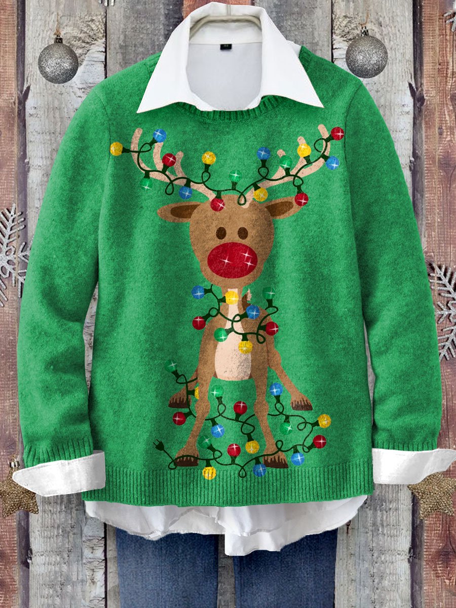 Christmas Deer Art Print Knit Pullover Sweater