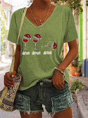 Funny Christmas Drink Drank Drunk Red Wine Glass Casual V-Neck Tee