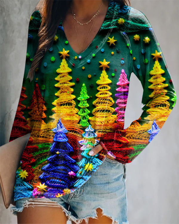 Christmas Colorful Christmas Tree V-neck Printed Casual Top