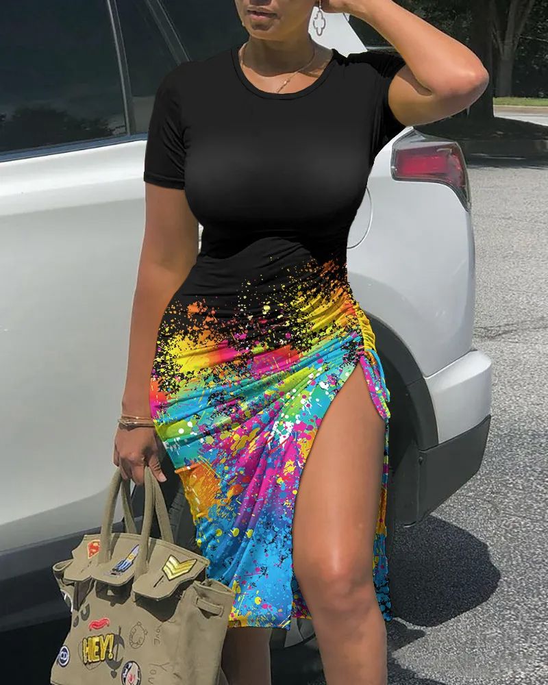 Solid Ruched Drawstring Split Thigh Knee Length Dress