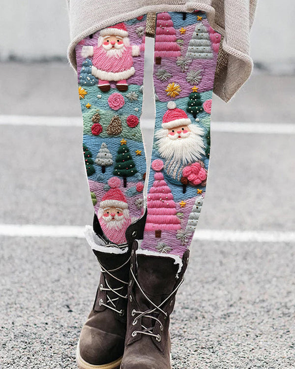 Pink Santa Claus Print Casual Leggings