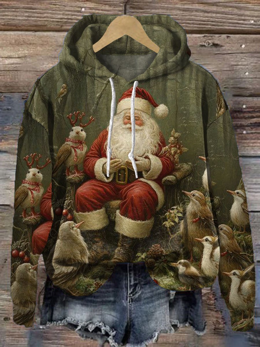 Vintage Christmas  Santa Print Casual Hoodie Sweatshirt
