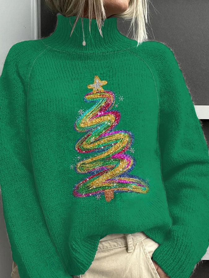 Colorful Christmas Tree Knitted Turtleneck Sweater