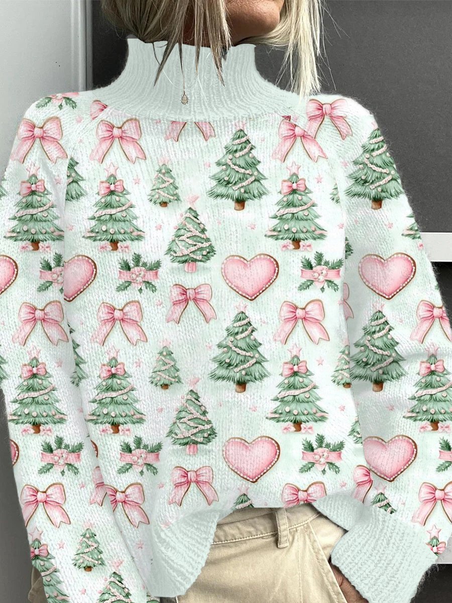Pink Christmas Tree Print Casual Turtleneck Top