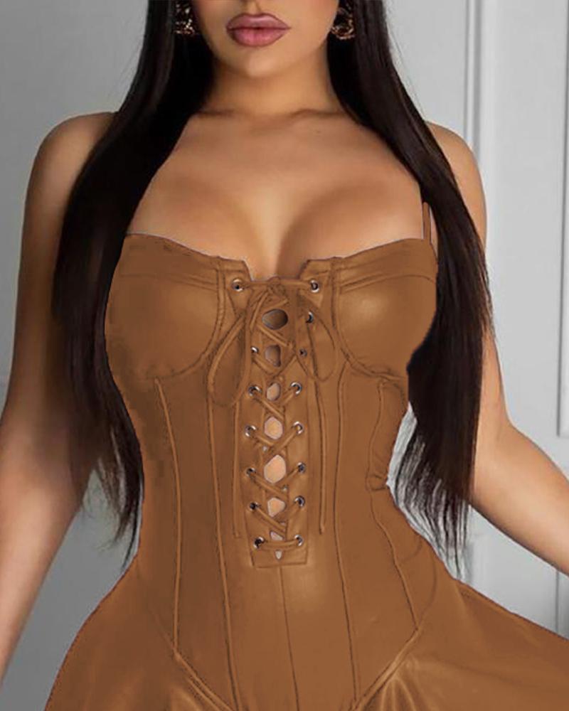 PU Leather Spaghetti Strap Eyelet Lace Up Pleated Dress