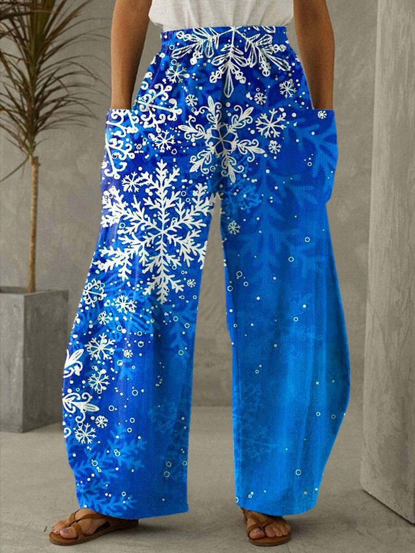 Christmas Blue Snowflake Vintage Casual Loose Pants