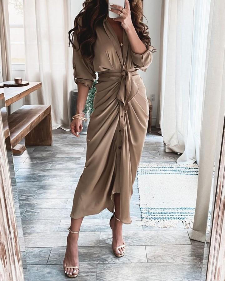 Long Sleeve Plain Slit Shirt Dress