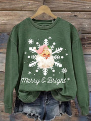 Merry And Bright Santa Claus Print Round Neck Sweatshirt
