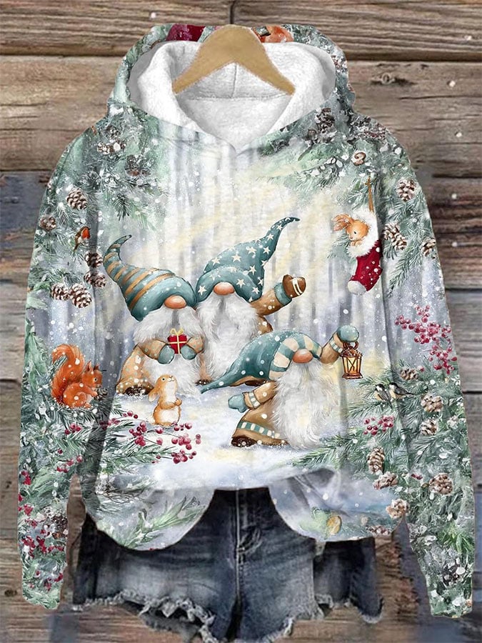 Snow Forest Gnomes Printed Pink Santa Print Hoodie Long Sleeve Sweatshirt