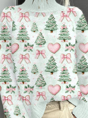 Pink Christmas Tree Print Casual Turtleneck Top